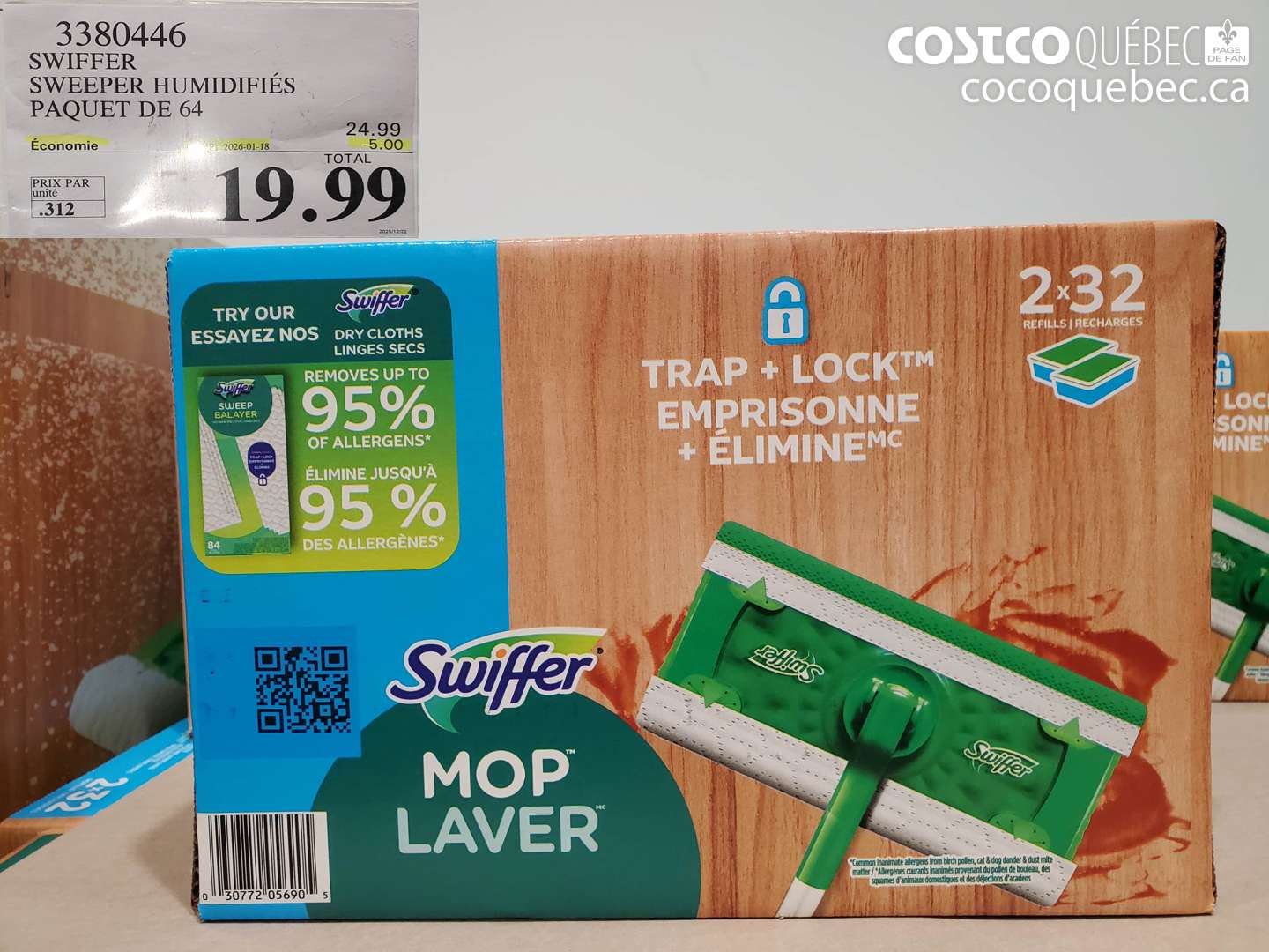 3380446 SWIFFER SWEEPER HUMIDIFIÉS PAQUET DE 64 ($5.00 INSTANT SAVINGS EXPIRES ON 2026-01-18) $19.99
