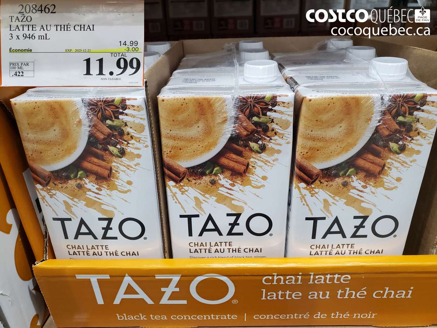 208462 TAZO LATTE AU THÉ CHAI 3 x 946 mL (EXPIRES ON 2025-12-21) $11.99