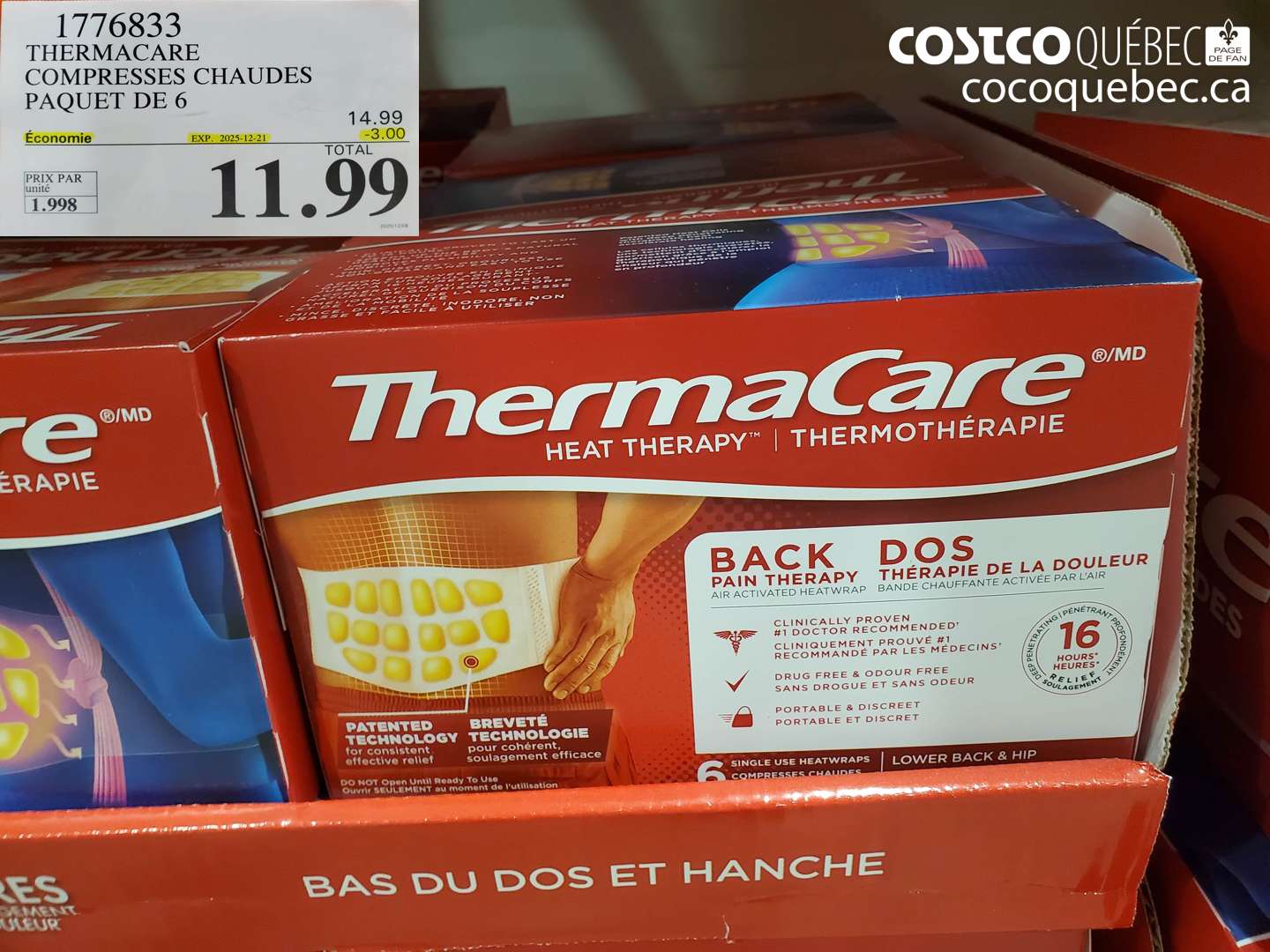 1776833 THERMACARE COMPRESSES CHAUDES PAQUET DE 6 (EXPIRES ON 2025-12-21) $11.99