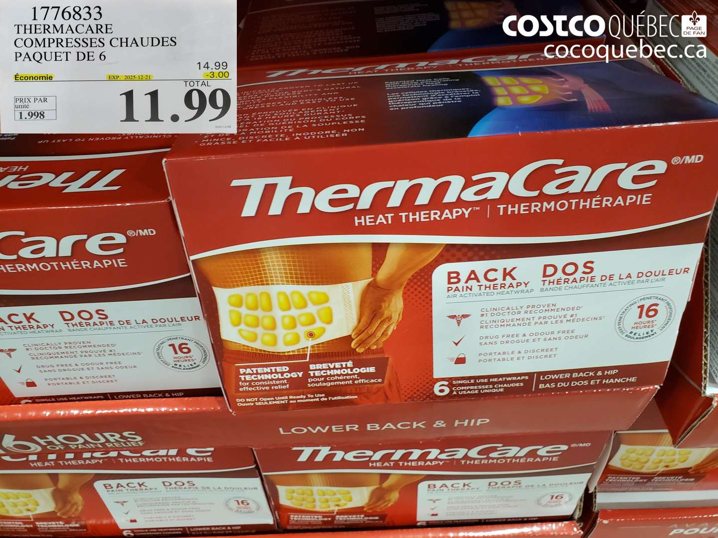 1776833 THERMACARE COMPRESSES CHAUDES PAQUET DE 6 ($3.00 INSTANT SAVINGS EXPIRES ON 2025-12-21) $11.99