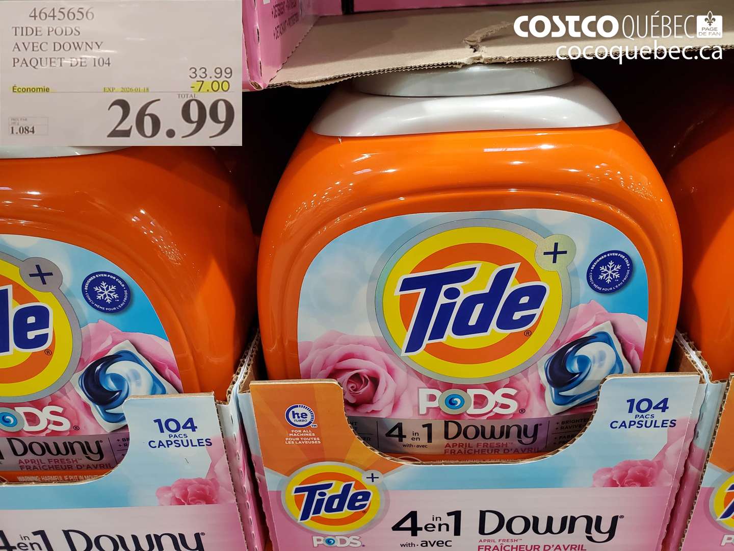 4645656 TIDE PODS AVEC DOWNY PAQUET-DE 104 ($7.00 INSTANT SAVINGS EXPIRES ON 2026-01-18) $26.99