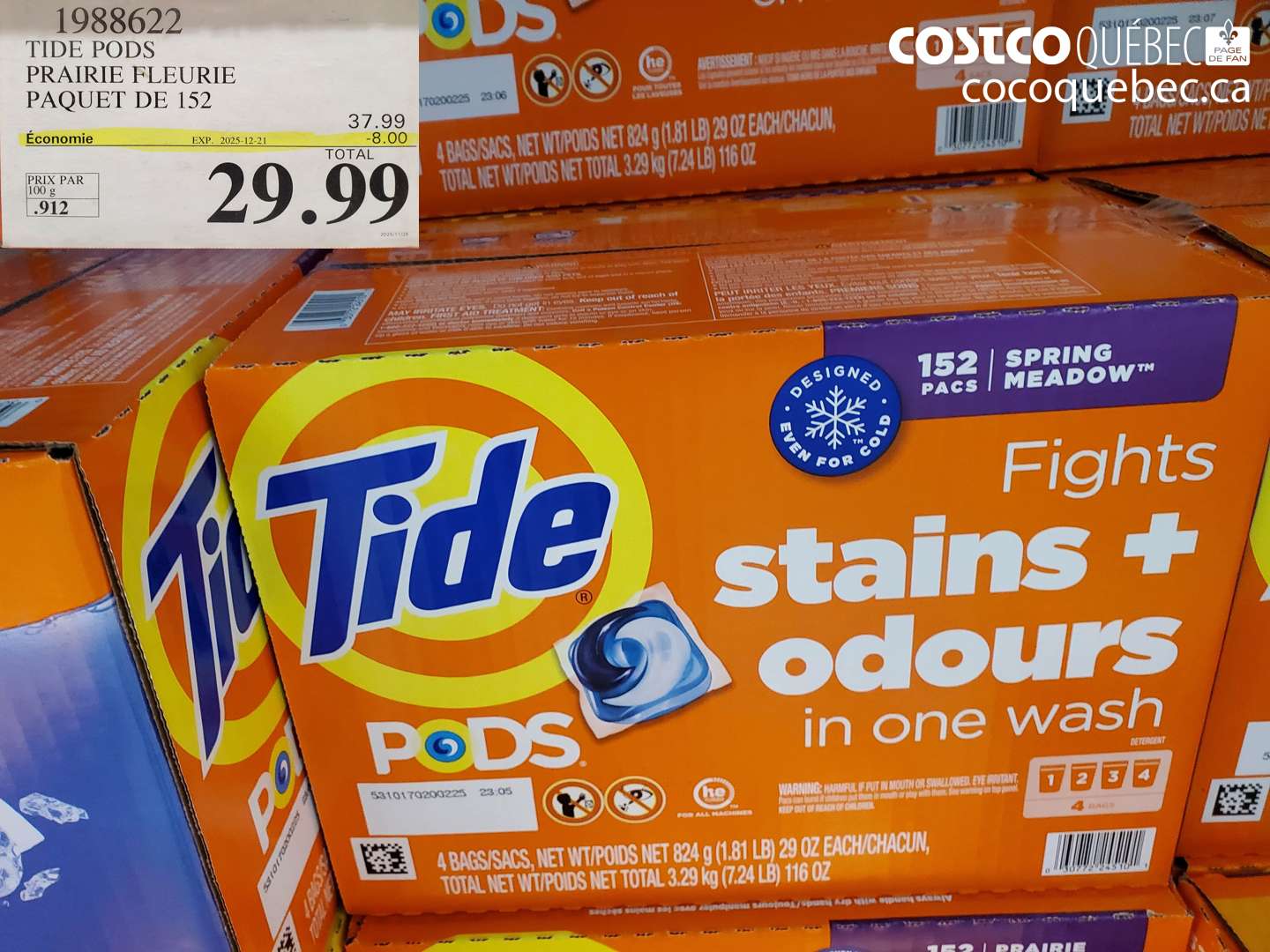 1988622 TIDE PODS PRAIRIE FLEURIE PAQUET DE 152 (EXPIRES ON 2025-12-21) $29.99