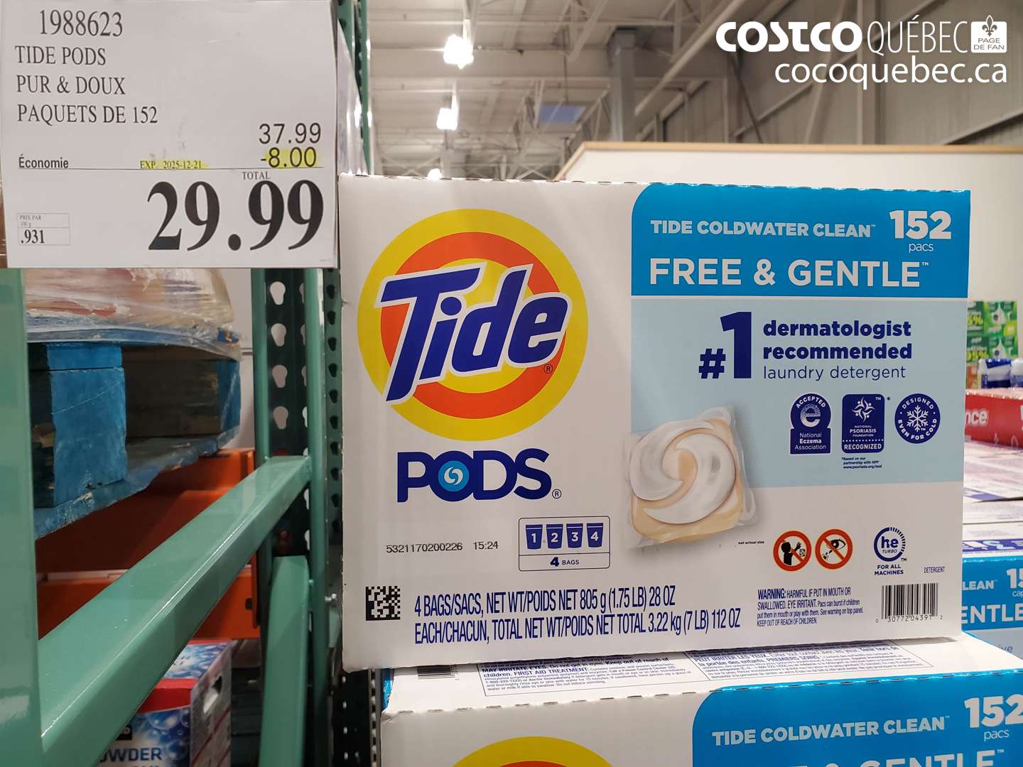 1988623 TIDE PODS PUR & DOUX PAQUETS DE 152 ($8.00 INSTANT SAVINGS EXPIRES ON 2025-12-21) $29.99