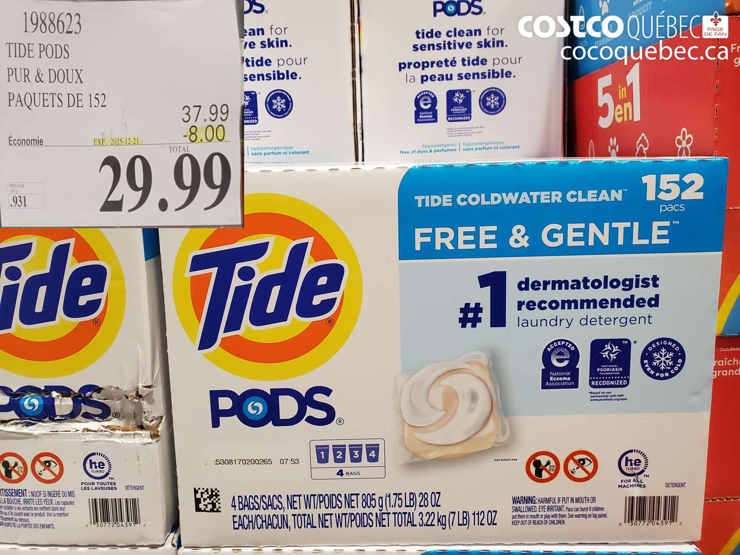 1988623 TIDE PODS PUR & DOUX PAQUETS DE 152 (EXPIRES ON 2025-12-21) $29.99
