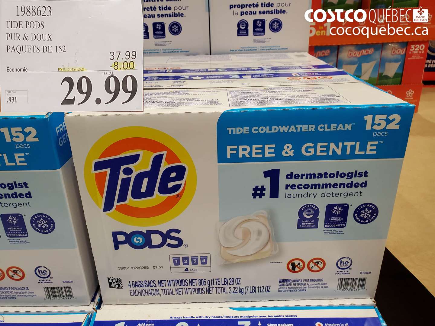 1988623 TIDE PODS PUR & DOUX PAQUETS DE 152 ($8.00 INSTANT SAVINGS EXPIRES ON 2025-12-21) $29.99