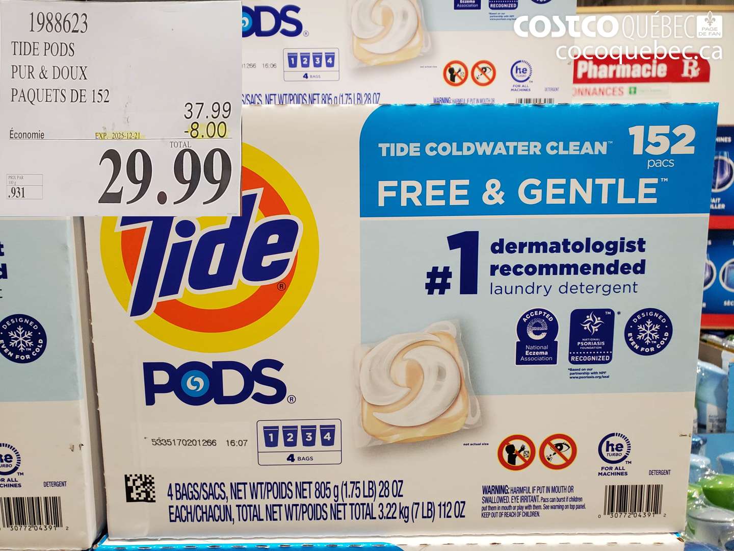 1988623 TIDE PODS PUR & DOUX PAQUETS DE 152 ($8.00 INSTANT SAVINGS EXPIRES ON 2025-12-21) $29.99