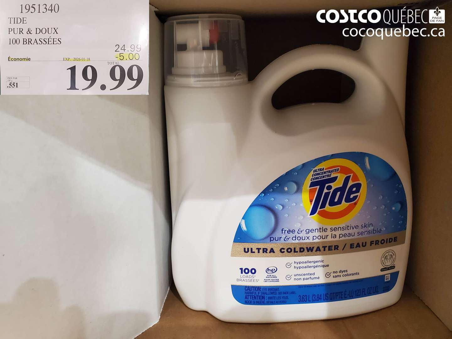 1951340 TIDE PUR & DOUX 100 BRASSÉES ($5.00 INSTANT SAVINGS EXPIRES ON 2026-01-18) $19.99