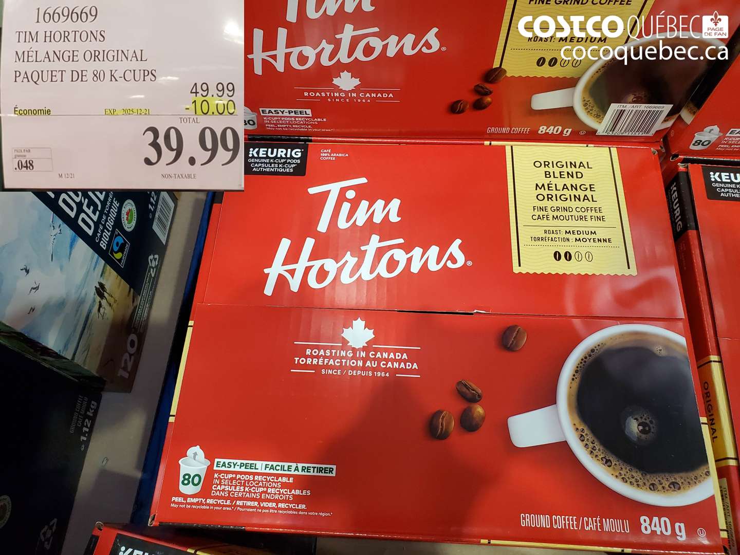 1669669 TIM HORTONS MÉLANGE ORIGINAL PAQUET DE 80 K-CUPS (EXPIRES ON 2025-12-21) $39.99
