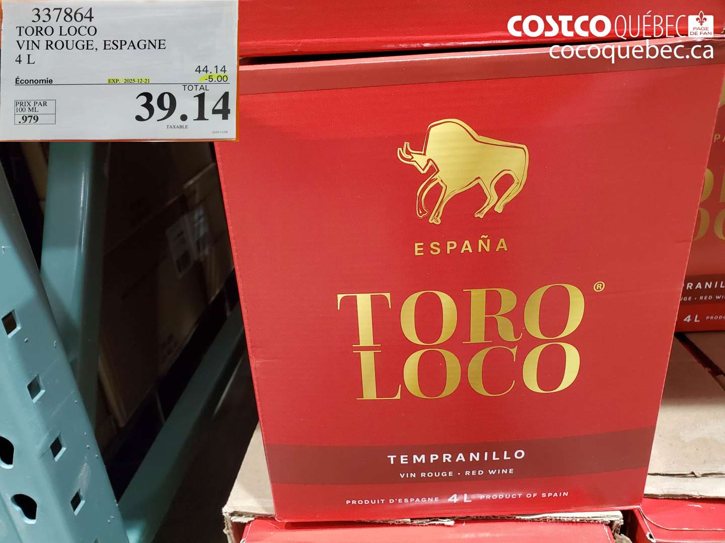 337864 TORO LOCO VIN ROUGE, ESPAGNE 4 L (EXPIRES ON 2025-12-21) $39.14