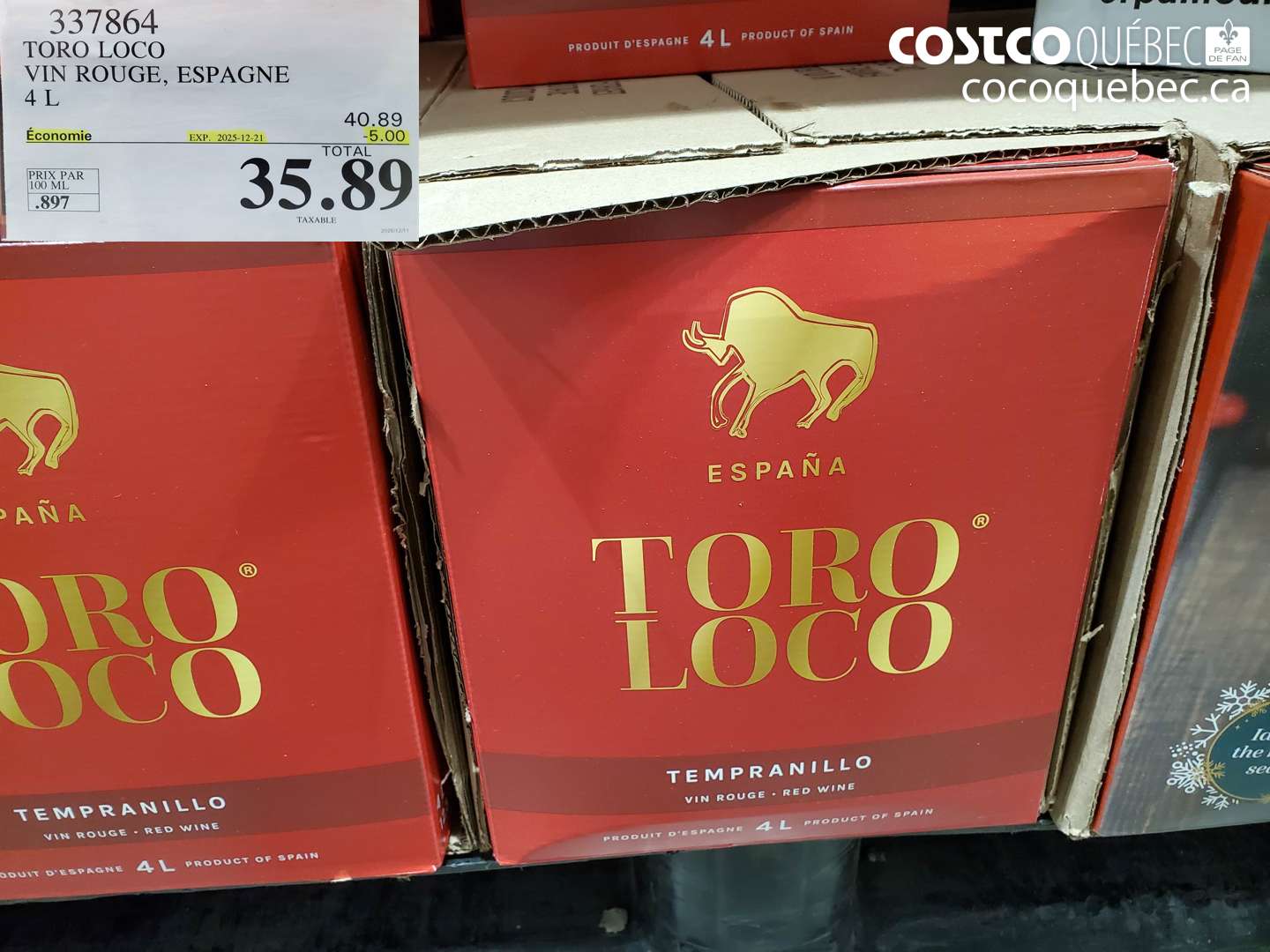 337864 TORO LOCO VIN ROUGE, ESPAGNE 4 L ($5.00 INSTANT SAVINGS EXPIRES ON 2025-12-21) $35.89