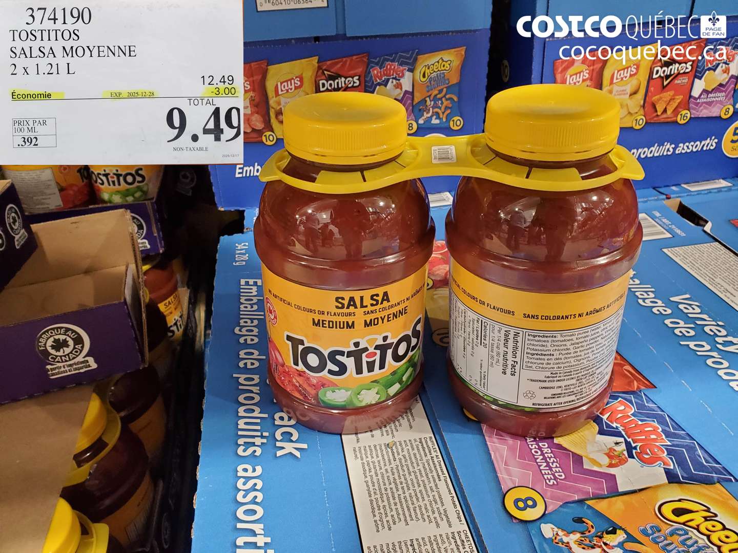 374190 TOSTITOS SALSA MOYENNE 2 x 1.21 L ($3.00 INSTANT SAVINGS EXPIRES ON 2025-12-28) $9.49