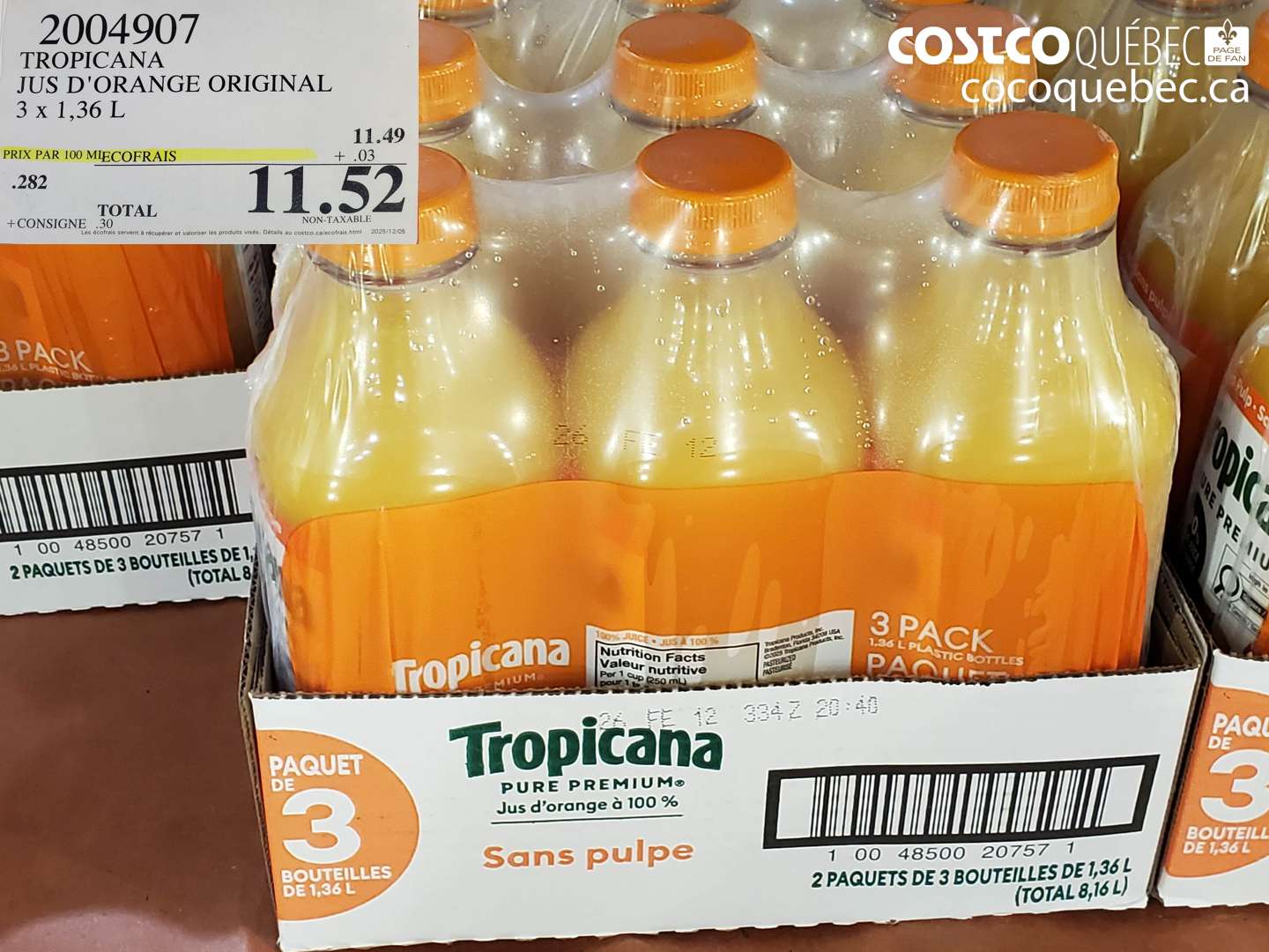 2004907 TROPICANA JUS D'ORANGE ORIGINAL 3 x 1,36 L $11.52