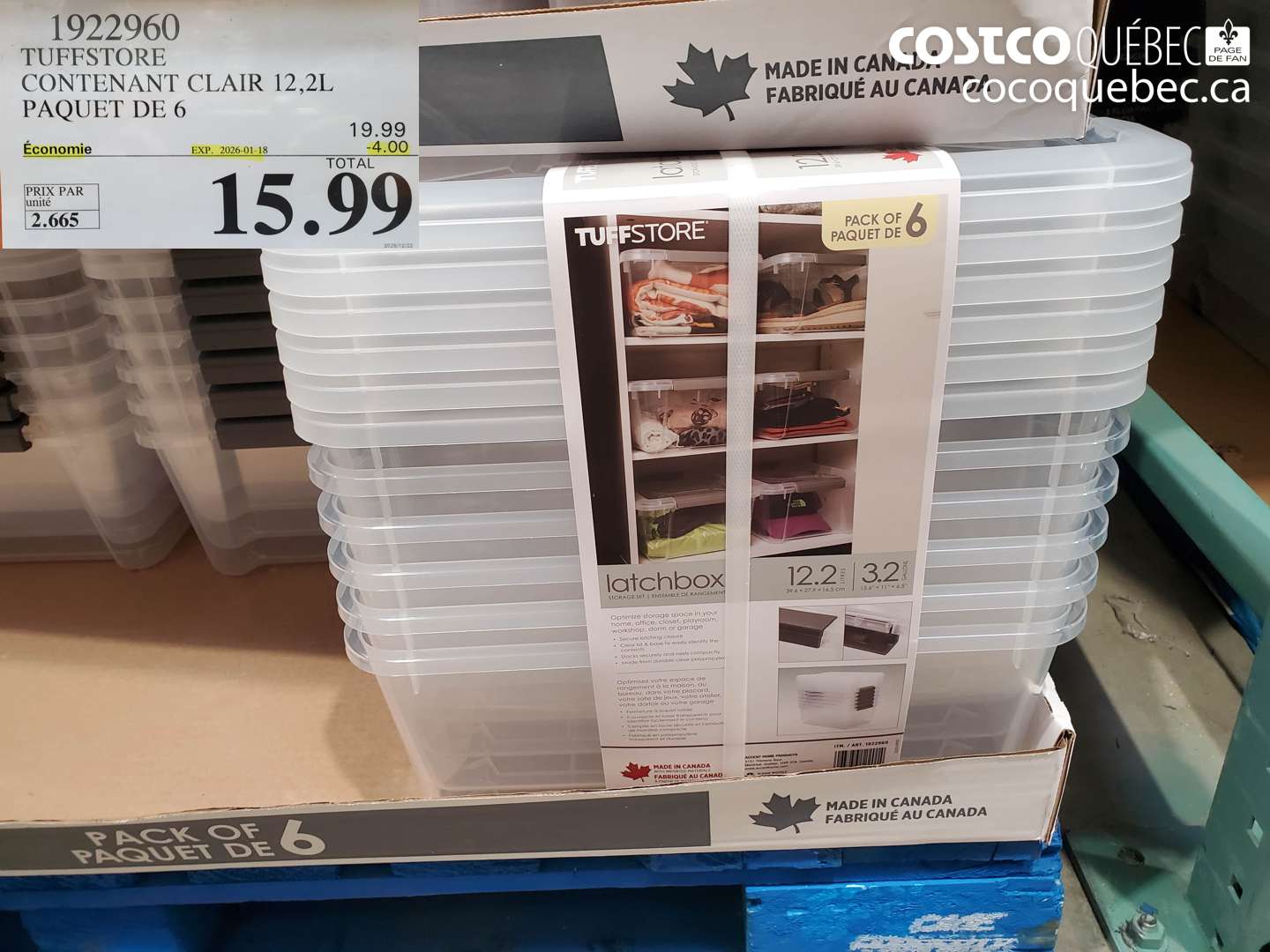 1922960 TUFFSTORE CONTENANT CLAIR 12,2L PAQUET DE 6 ($4.00 INSTANT SAVINGS EXPIRES ON 2026-01-18) $15.99