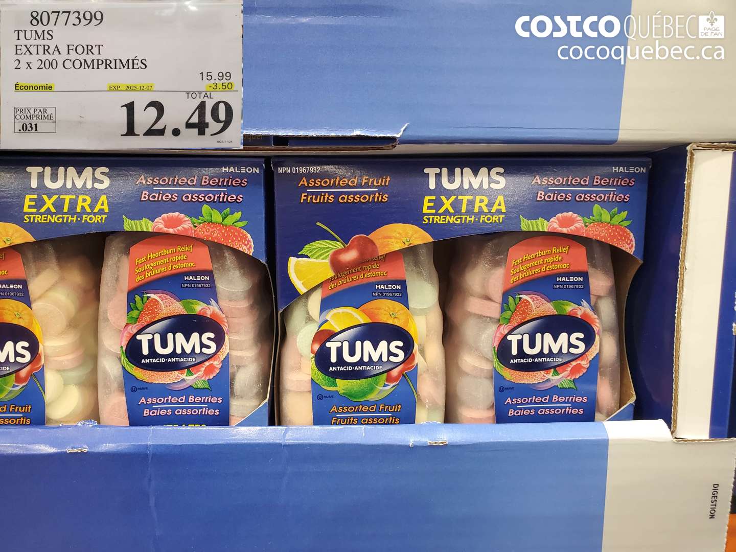 8077399 TUMS EXTRA FORT 2 x 200 COMPRIMÉS ($3.50 INSTANT SAVINGS EXPIRES ON 2025-12-07) $12.49