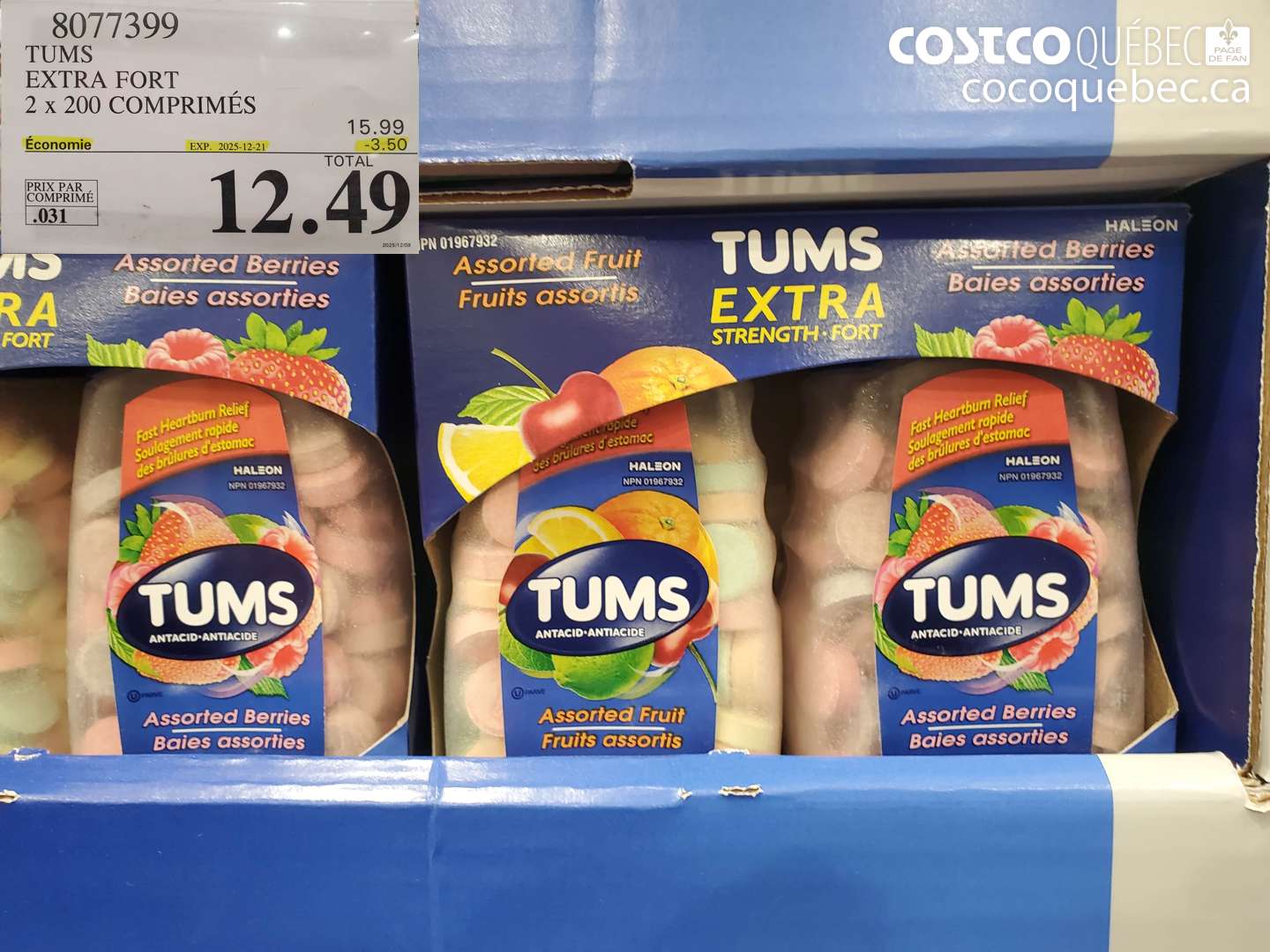 8077399 TUMS EXTRA FORT 2 x 200 COMPRIMÉS (EXPIRES ON 2025-12-21) $12.49