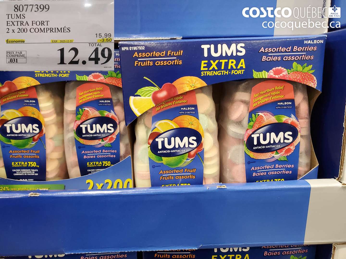 8077399 TUMS EXTRA FORT 2 x 200 COMPRIMÉS ($3.50 INSTANT SAVINGS EXPIRES ON 2025-12-21) $12.49