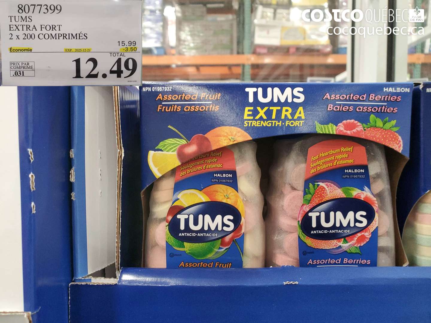 8077399 TUMS EXTRA FORT 2 x 200 COMPRIMÉS ($3.50 INSTANT SAVINGS EXPIRES ON 2025-12-21) $12.49