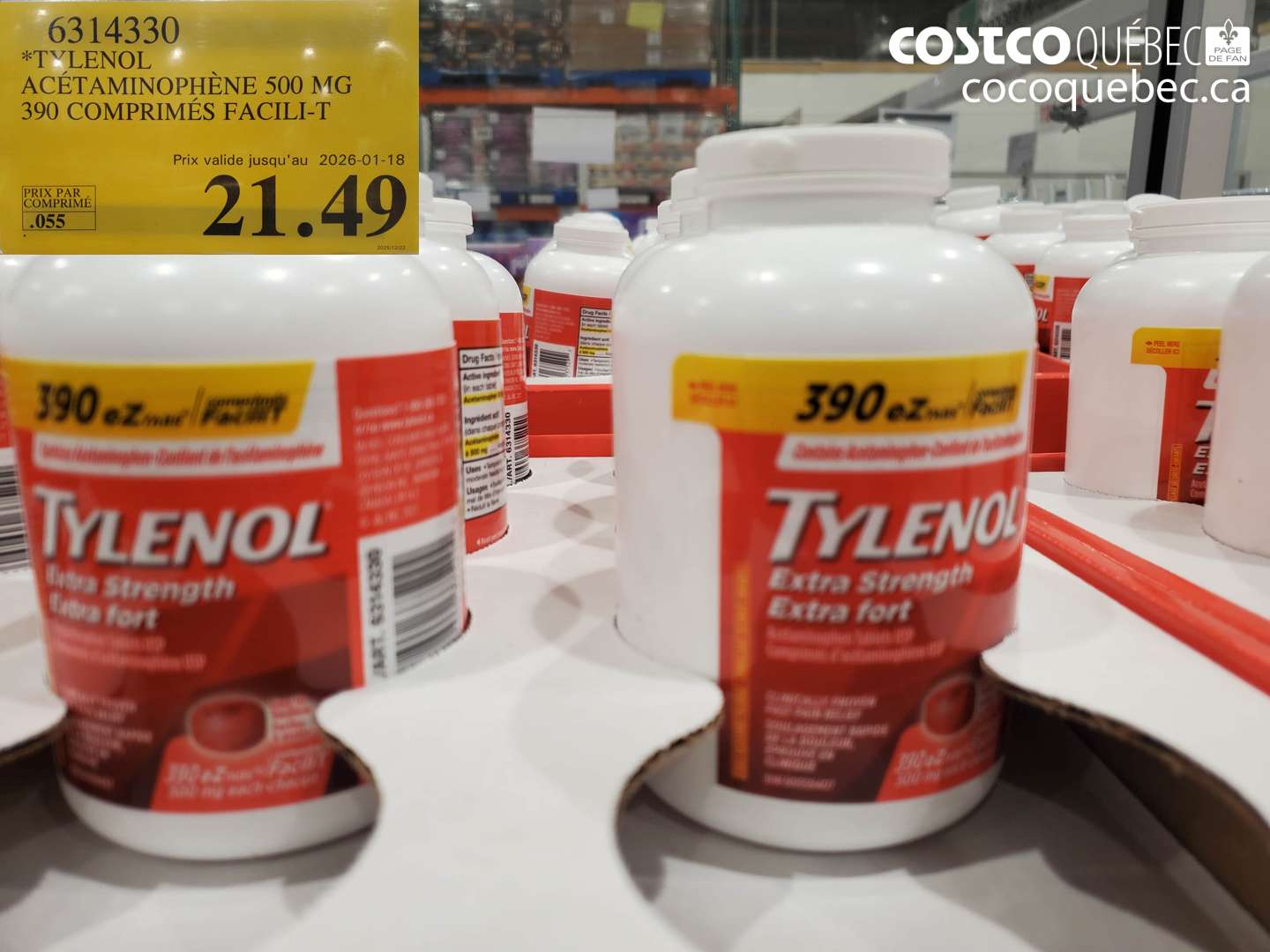 6314330 TYLENOL ACÉTAMINOPHÈNE 500 MG 390 COMPRIMÉS FACILIT-T (EXPIRES ON 2026-01-18) $21.49
