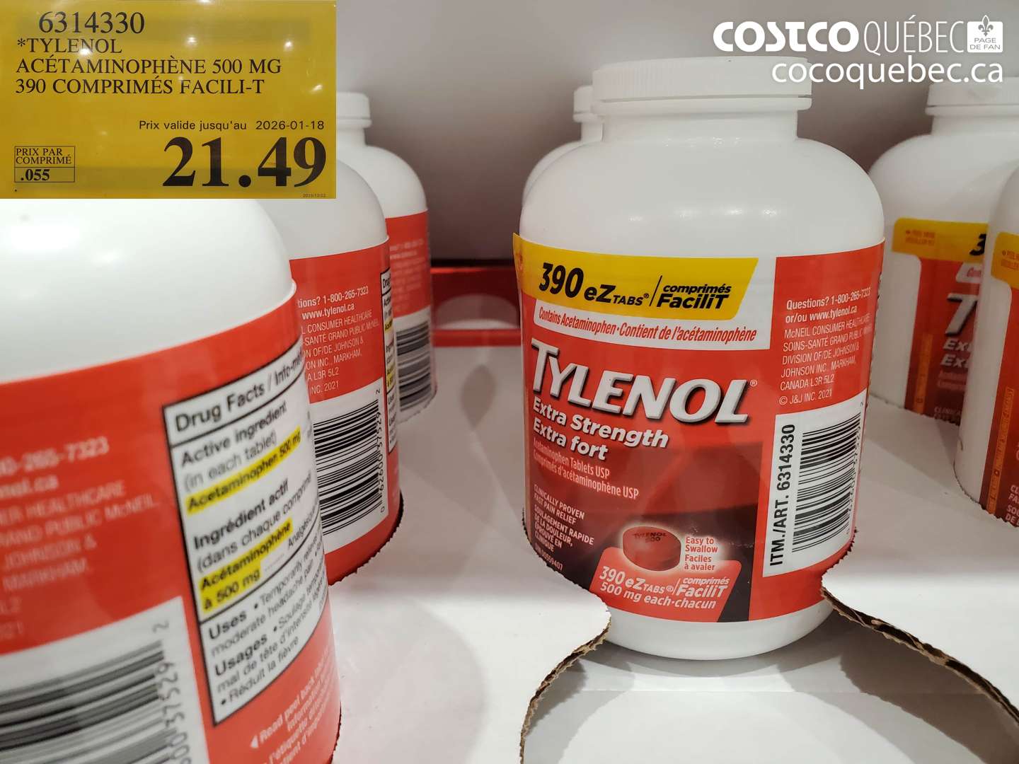 6314330 TYLENOL ACÉTAMINOPHÈNE 500 MG 390 COMPRIMÉS FACIL-T (EXPIRES ON 2026-01-18) $21.49