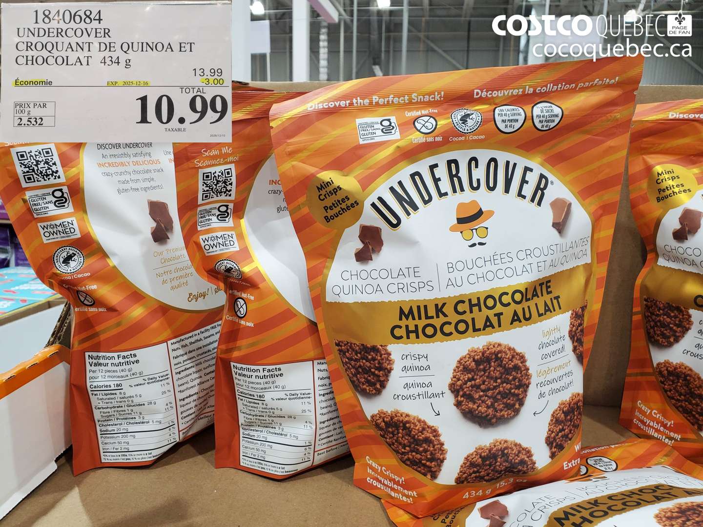 1840684 UNDERCOVER CROQUANT DE QUINOA ET CHOCOLAT 434 g ($3.00 INSTANT SAVINGS EXPIRES ON 2025-12-16) $10.99