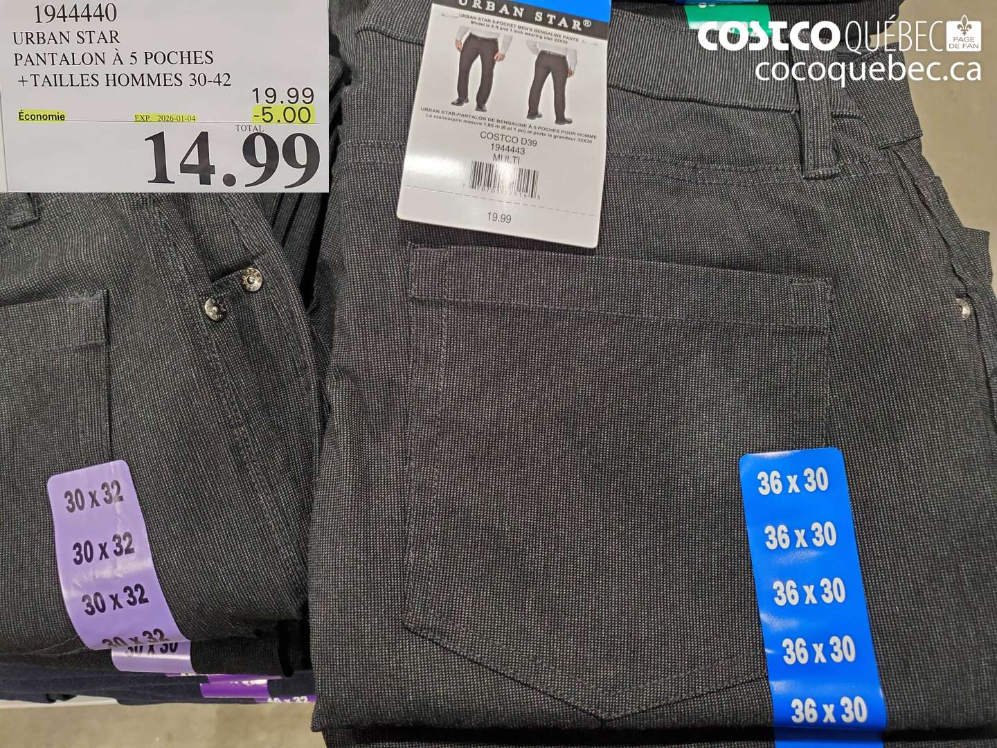 1944440 URBAN STAR PANTALON À 5 POCHES +TAILLES HOMMES 30-42 ($5.00 INSTANT SAVINGS EXPIRES ON 2026-01-04) $14.99