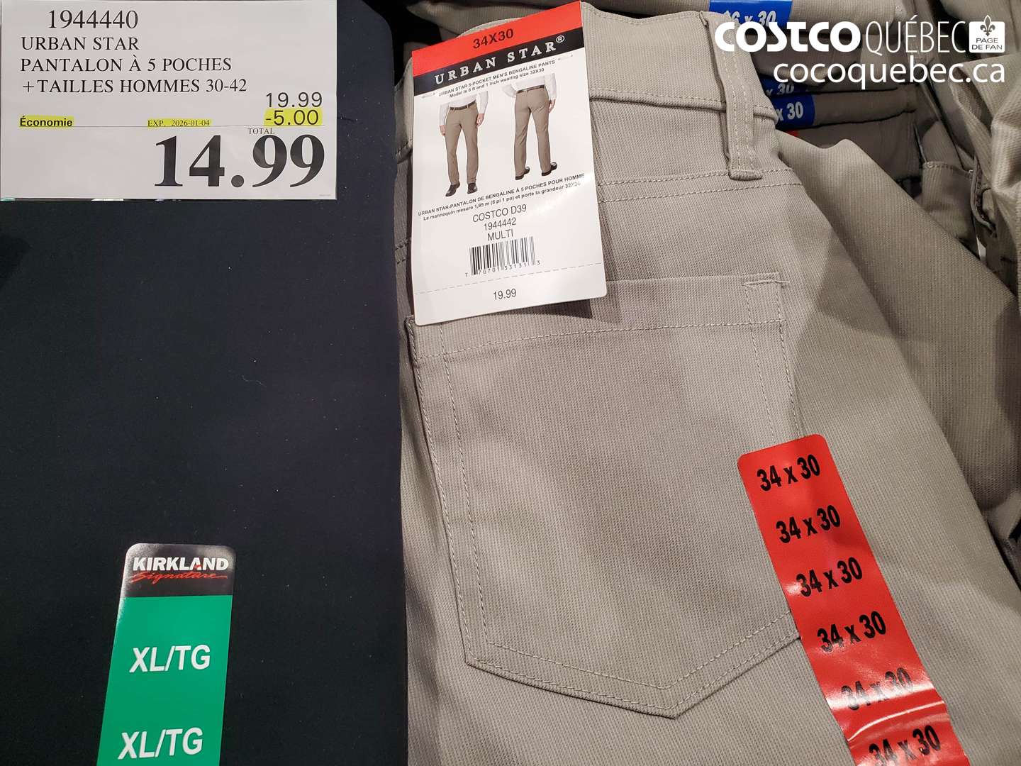 1944440 URBAN STAR PANTALON À 5 POCHES +TAILLES HOMMES 30-42 ($5.00 INSTANT SAVINGS EXPIRES ON 2026-01-04) $14.99