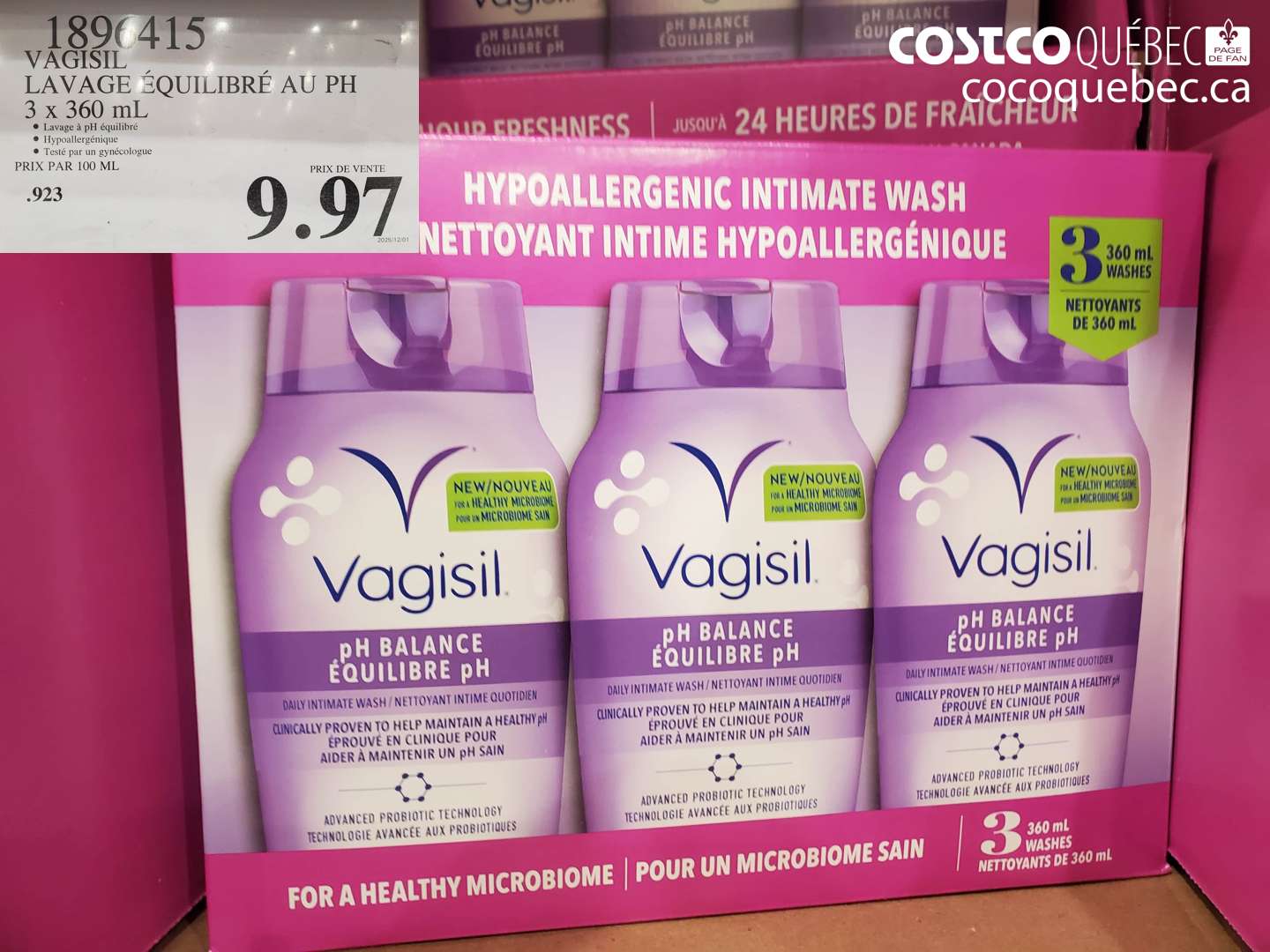 1896415 VAGISIL LAVAGE ÉQUILIBRÉ AU PH 3 x 360 mL $9.97
