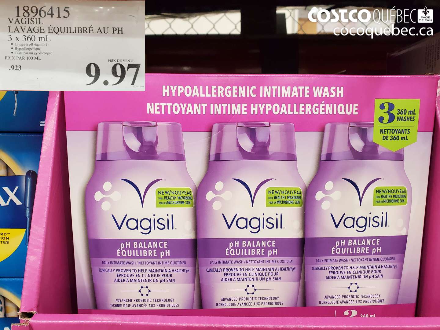 1896415 VAGISIL LAVAGE ÉQUILIBRÉ AU PH 3 x 360 ml $9.97
