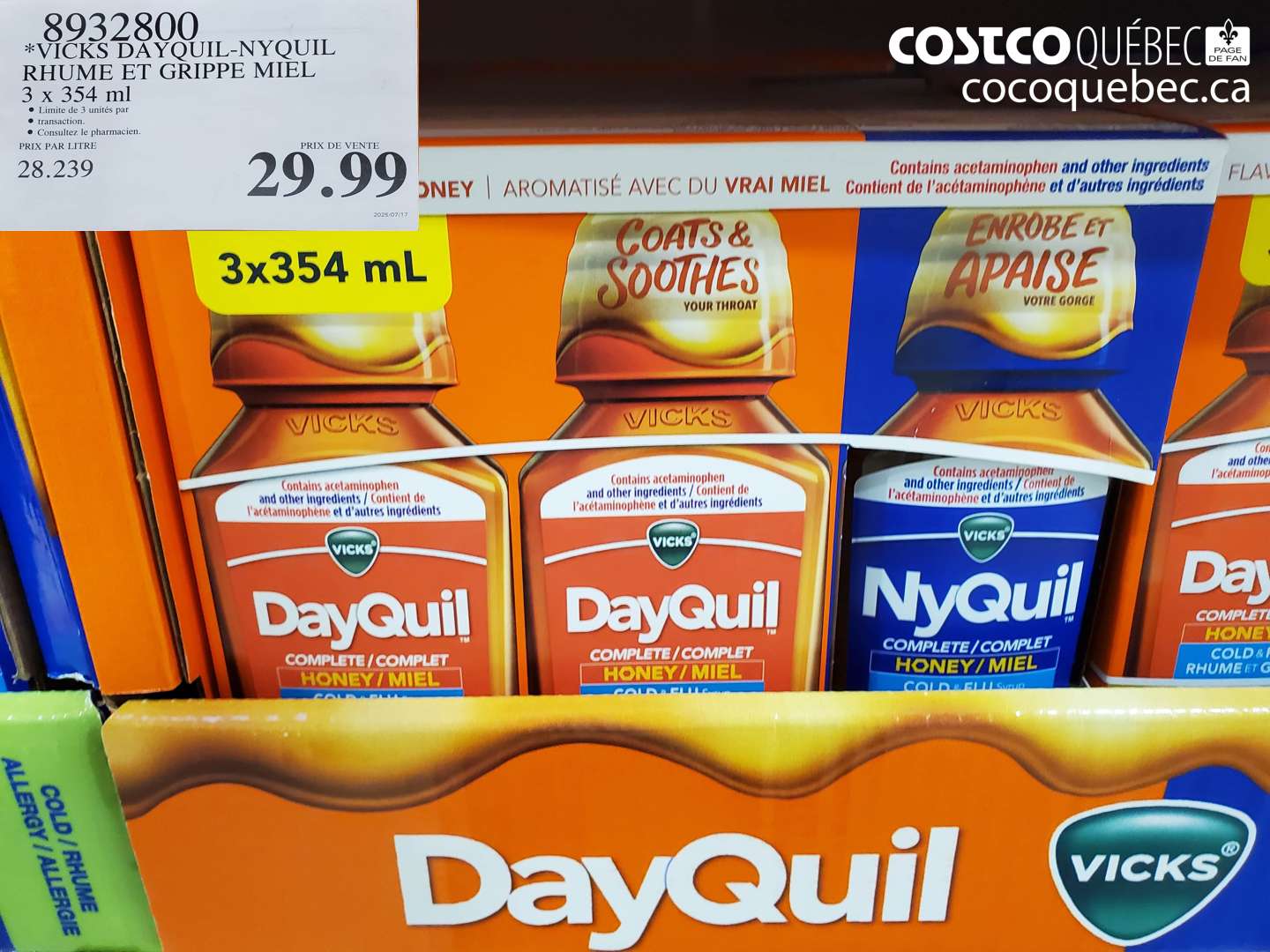 8932800 VICKS DAYQUIL-NYQUIL RHUME ET GRIPPE MIEL 3 x 354 ml $29.99