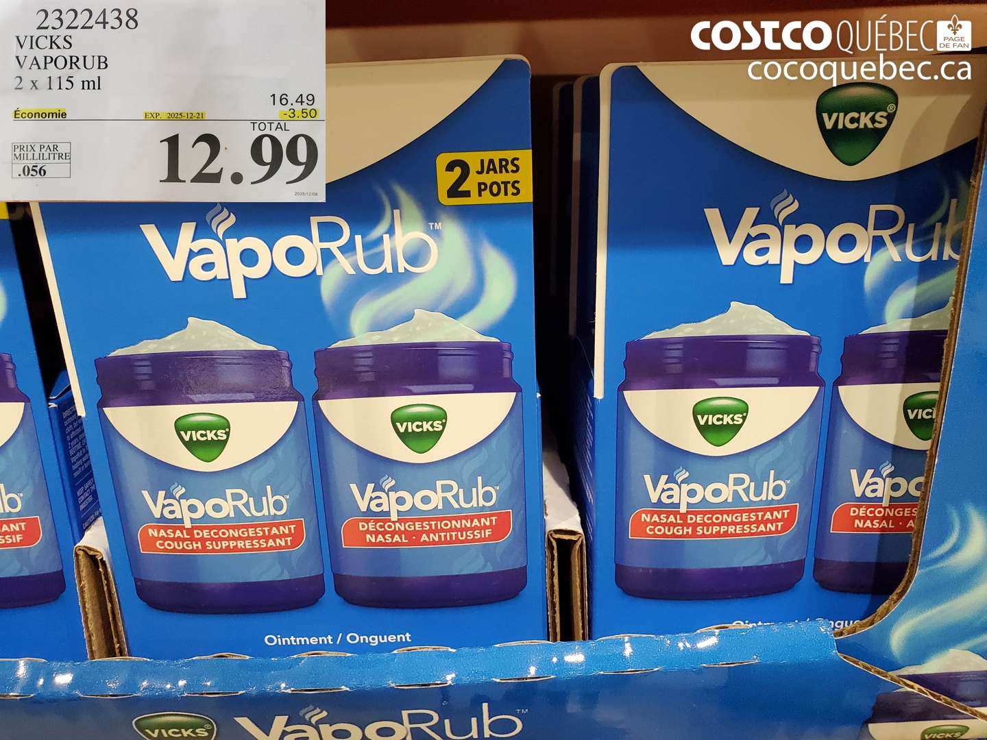 2322438 VICKS VAPORUB 2 x 115 ml ($3.50 INSTANT SAVINGS EXPIRES ON 2025-12-21) $12.99