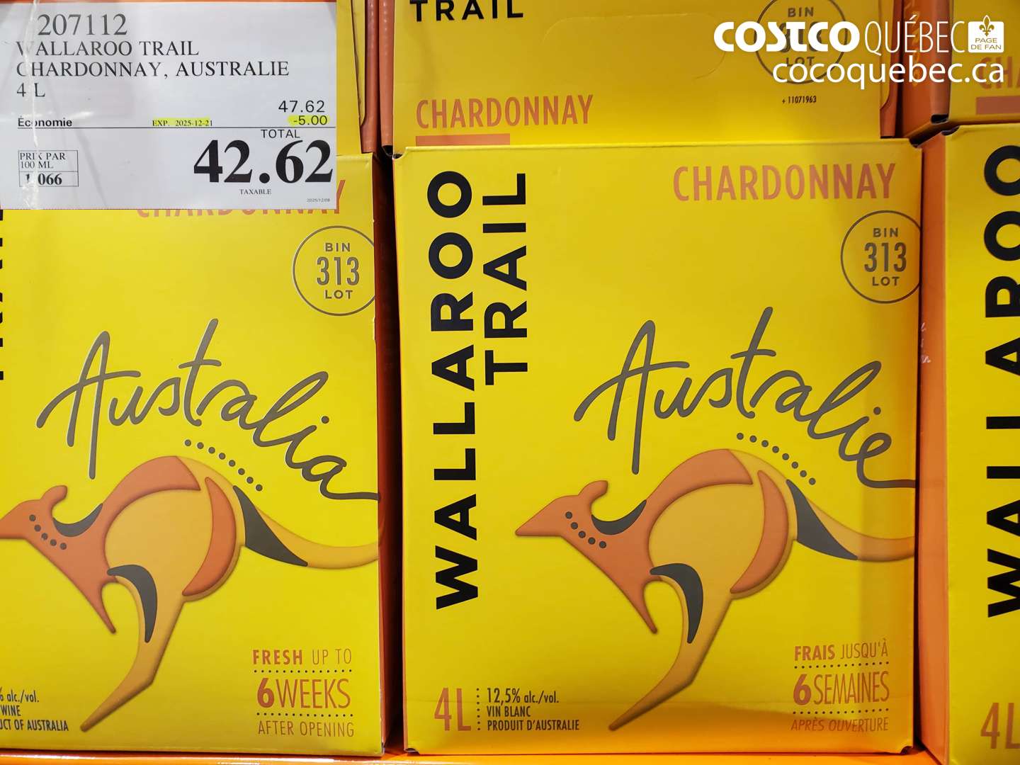 207112 WALLAROO TRAIL CHARDONNAY, AUSTRALIE 4 L (EXPIRES ON 2025-12-21) $42.62