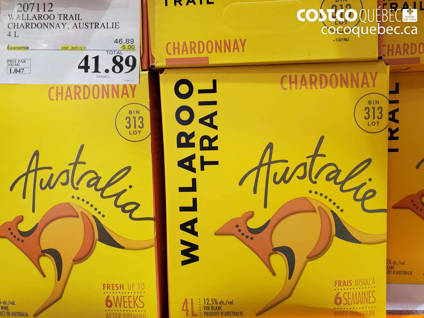 207112 WALLAROO TRAIL CHARDONNAY, AUSTRALIE 4 L ($5.00 INSTANT SAVINGS EXPIRES ON 2025-12-21) $41.89
