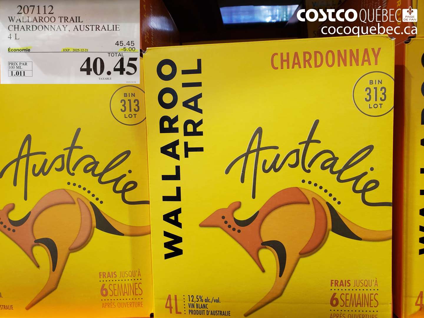 207112 WALLAROO TRAIL CHARDONNAY, AUSTRALIE 4 L ($5.00 INSTANT SAVINGS EXPIRES ON 2025-12-21) $40.45