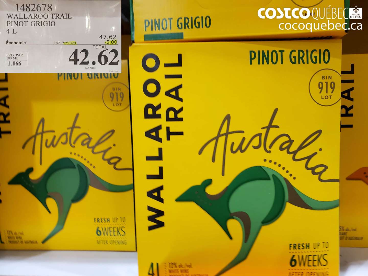 1482678 WALLAROO TRAIL PINOT GRIGIO 4 L (EXPIRES ON 2025-12-21) $42.62
