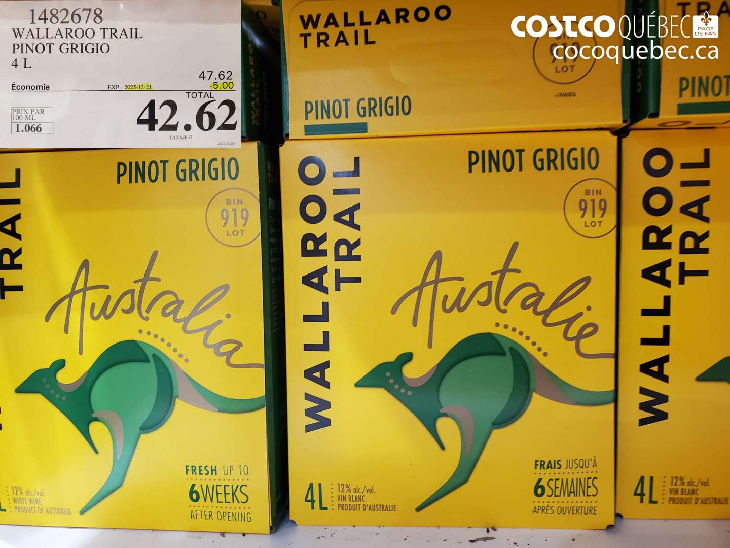 1482678 WALLAROO TRAIL PINOT GRIGIO 4 L ($5.00 INSTANT SAVINGS EXPIRES ON 2025-12-21) $42.62