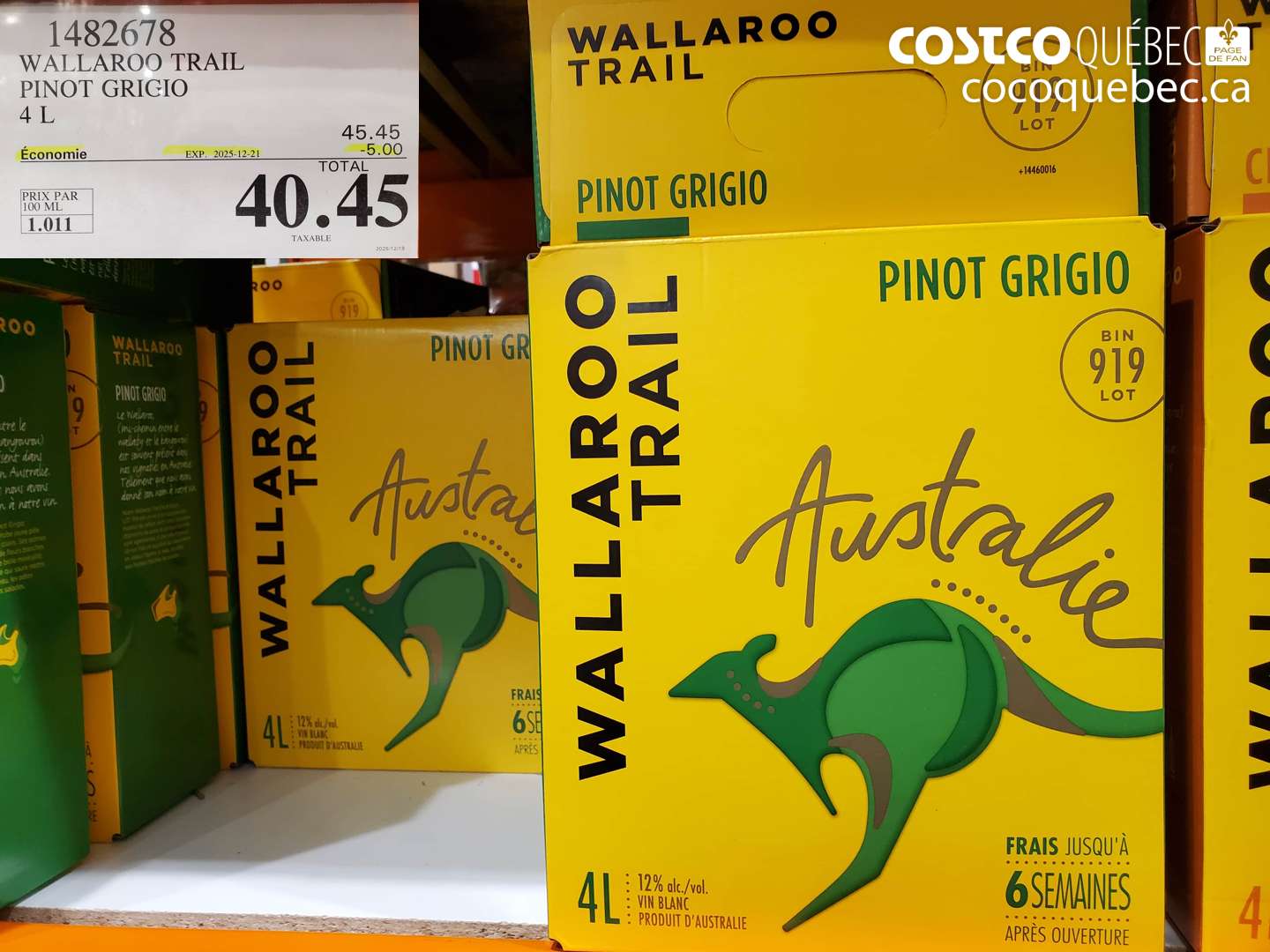 1482678 WALLAROO TRAIL PINOT GRIGIO 4 L ($5.00 INSTANT SAVINGS EXPIRES ON 2025-12-21) $40.45
