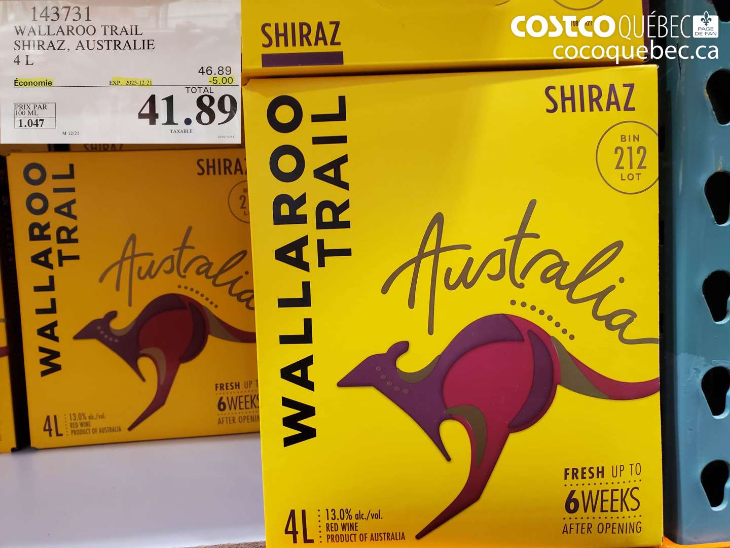 143731 WALLAROO TRAIL SHIRAZ, AUSTRALIE 4 L ($5.00 INSTANT SAVINGS EXPIRES ON 2025-12-21) $41.89