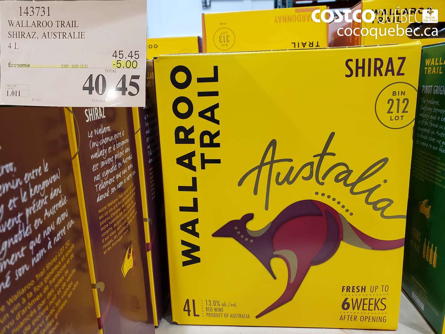 143731 WALLAROO TRAIL SHIRAZ, AUSTRALIE 4 L ($5.00 INSTANT SAVINGS EXPIRES ON 2025-12-21) $40.45