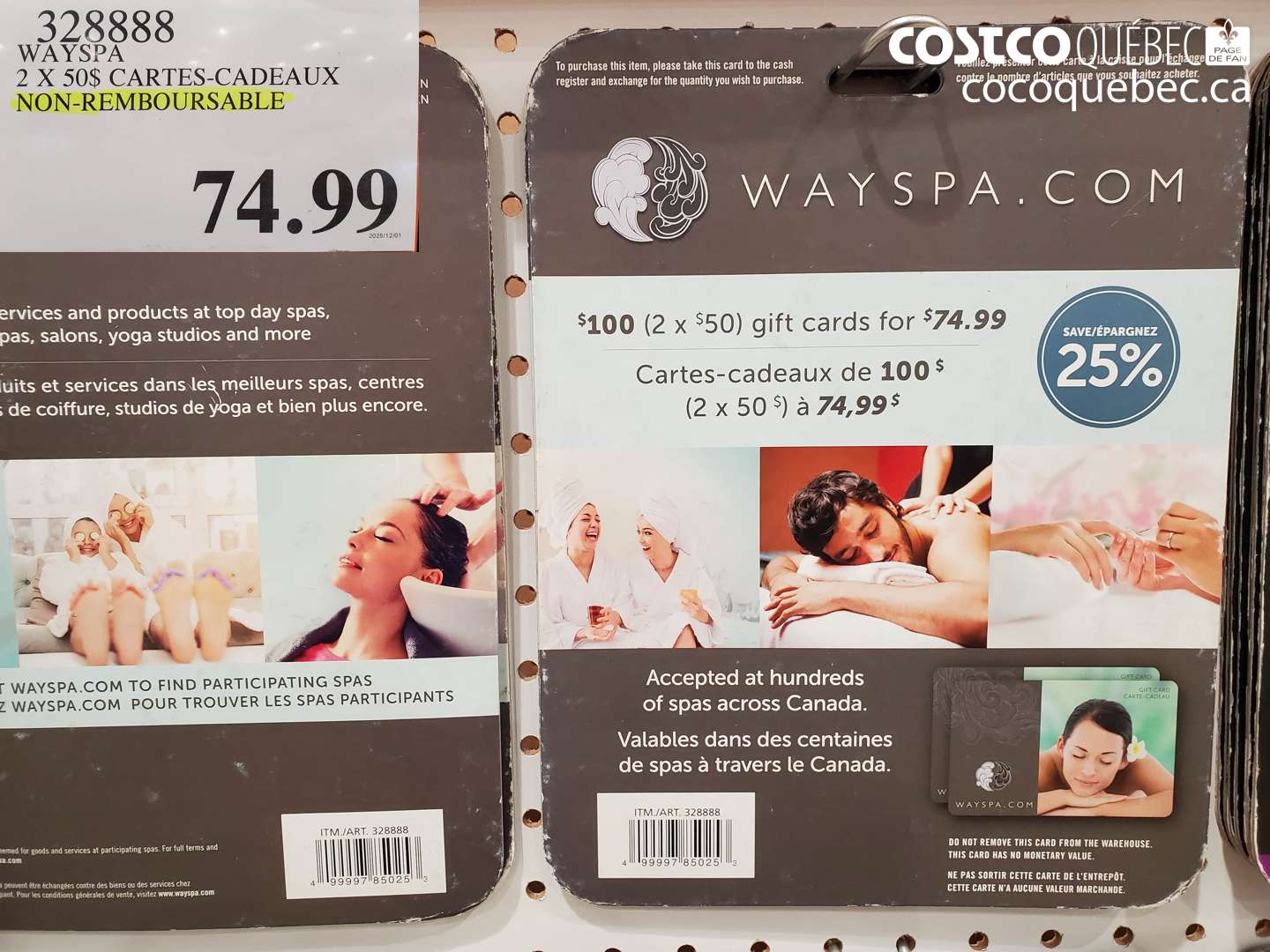 328888 WAYSPA 2 X 50$ CARTES-Cadeaux NON-REMBOURSABLE $74.99