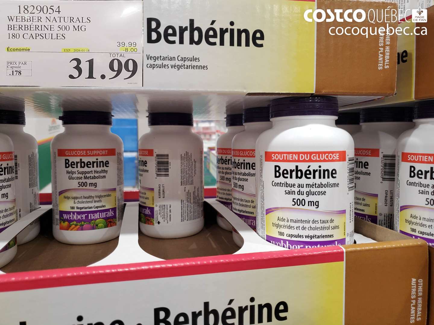 1829054 WEBBER NATURALS BERBÉRINE 500 MG 180 CAPSULES ($8.00 INSTANT SAVINGS EXPIRES ON 2026-01-18) $31.99