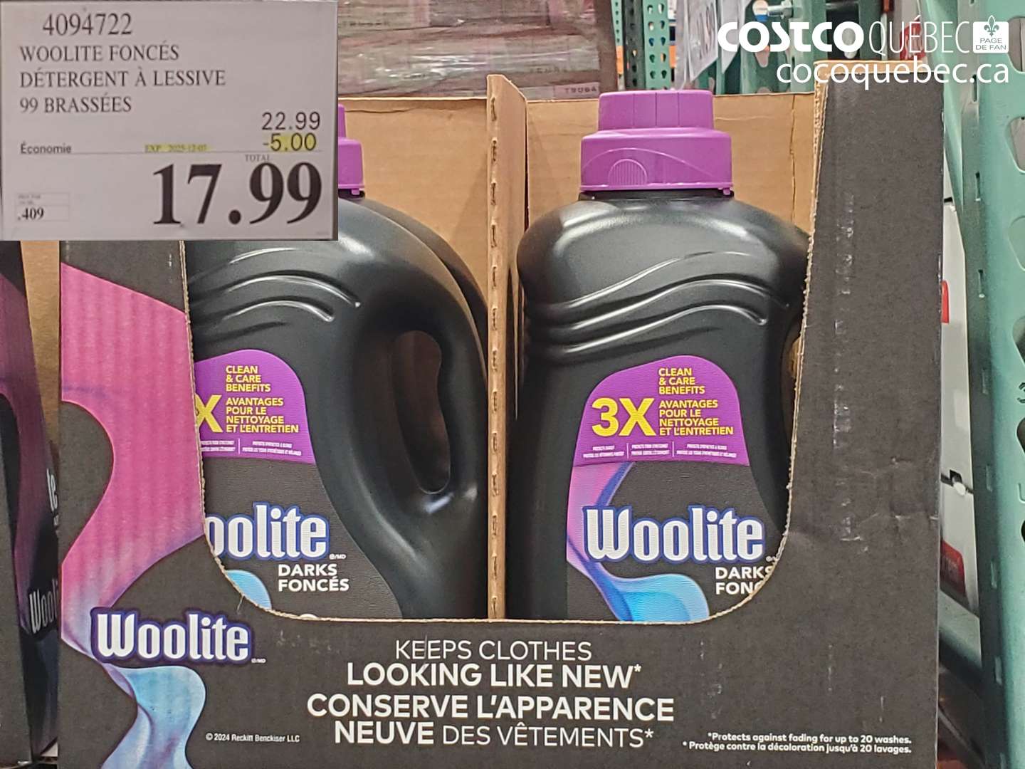 4094722 WOOLITE FONCÉS DÉTERGENT À LESSIVE 99 BRASSÉES ($5.00 INSTANT SAVINGS EXPIRES ON 2025-12-07) $17.99
