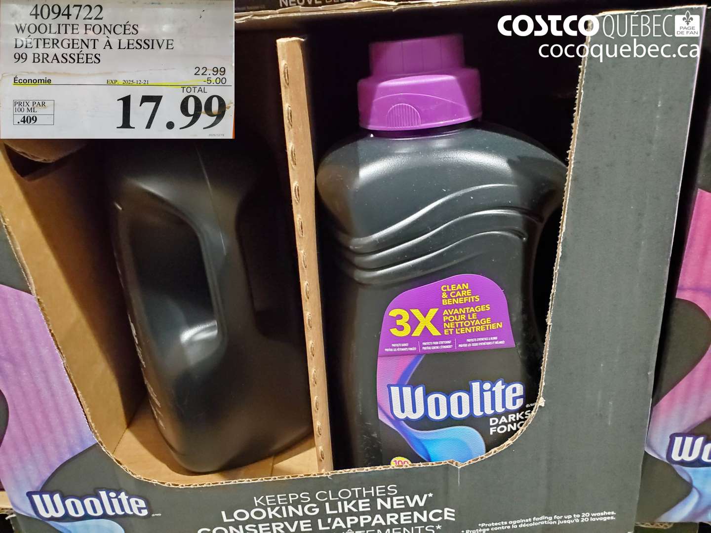 4094722 WOOLITE FONCÉS DÉTERGENT À LESSIVE 99 BRASSÉES ($5.00 INSTANT SAVINGS EXPIRES ON 2025-12-21) $17.99