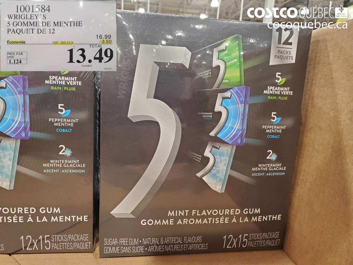 1001584 WRIGLEY'S 5 GOMME DE MENTHE PAQUET DE 12 (EXPIRES ON 2025-12-14) $13.49