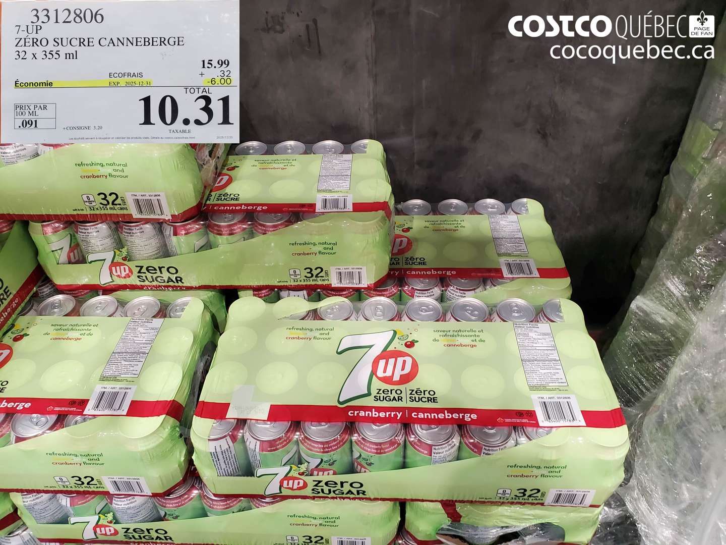 3312806 ZÉRO SUCRE CANNEBERGE 32 x 355 ml ($6.00 INSTANT SAVINGS EXPIRES ON 2025-12-31) $10.31