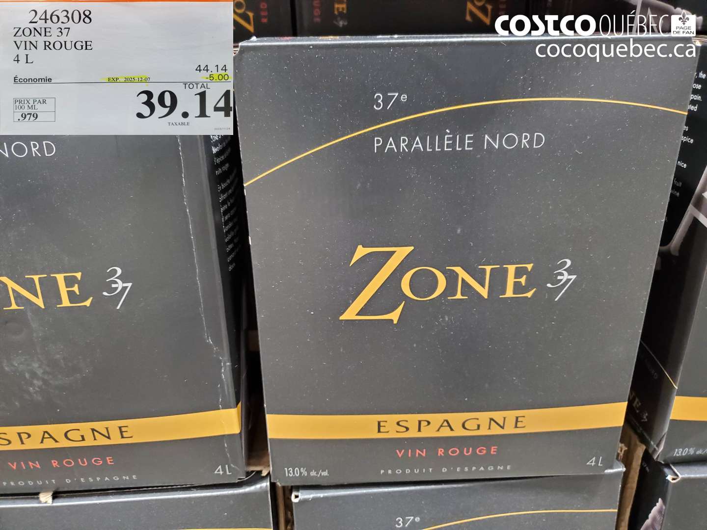 246308 ZONE 37 VIN ROUGE 4L  ($5.00 INSTANT SAVINGS EXPIRES ON 2025-12-07) $39.14