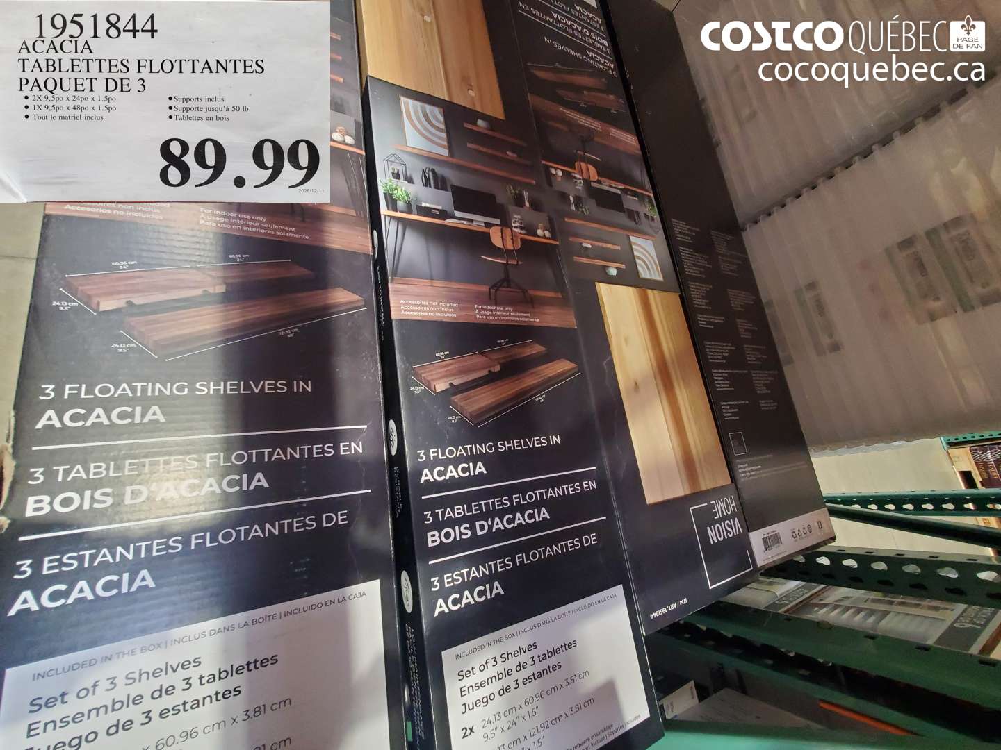 1951844 ACACIA TABLETTES FLOTTANTES PAQUET DE 3 $89.99