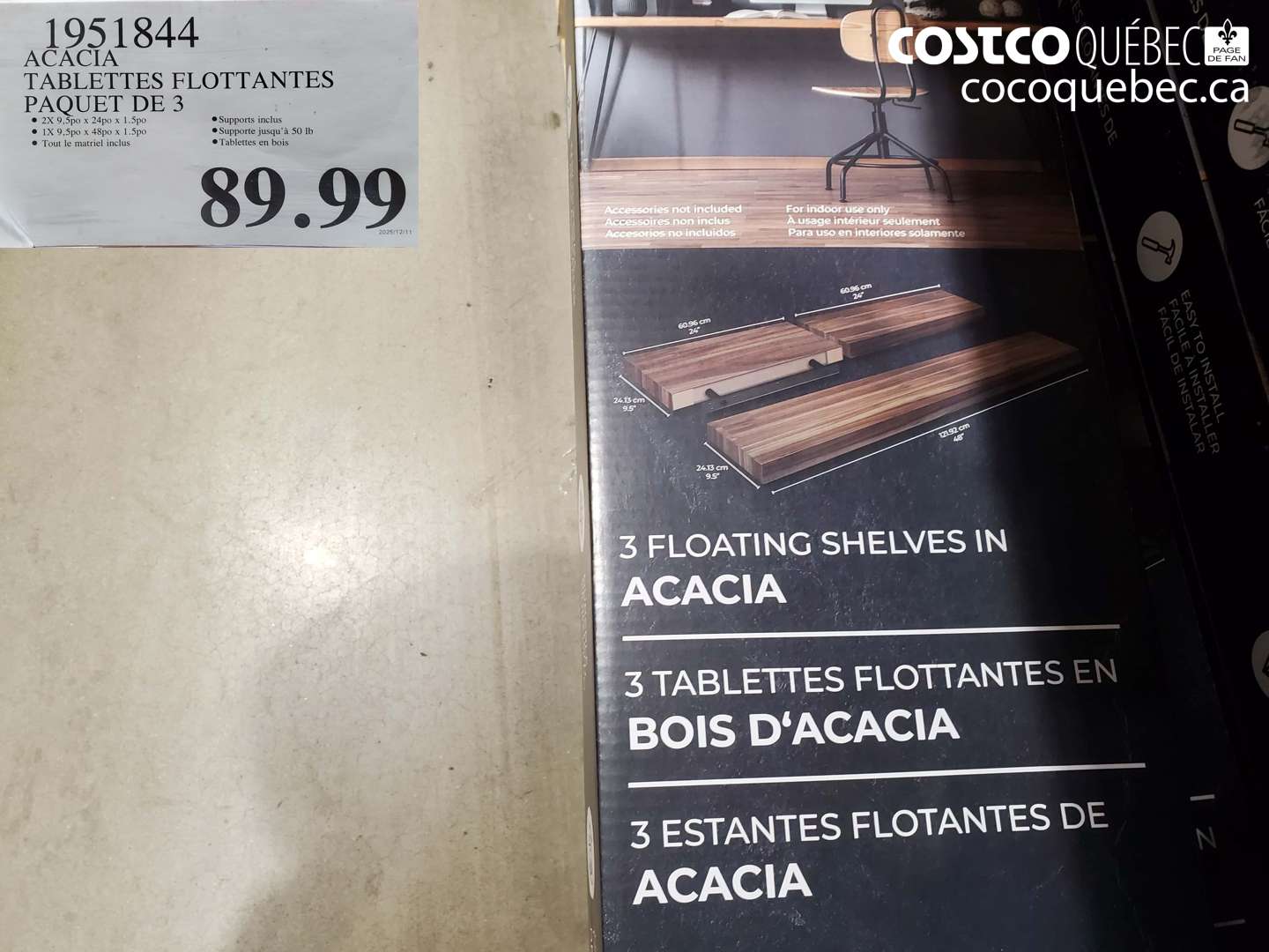 1951844 ACACIA TABLETTES FLOTTANTES PAQUET DE 3 $89.99