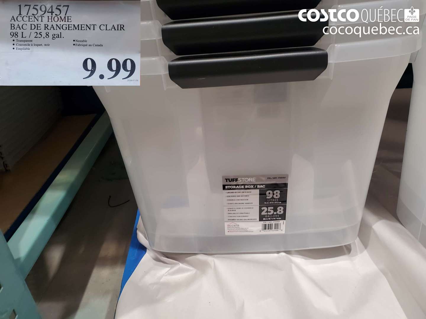 1759457 ACCENT HOME BAC DE RANGEMENT CLAIR 98 L / 25.8 GAL $9.99