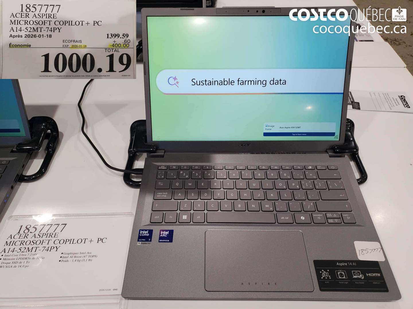 1857777 ACER ASPIRE MICROSOFT COPILOT + PC A14-52MT-74PY ($400.00 INSTANT SAVINGS EXPIRES ON 2026-01-18) $999.99