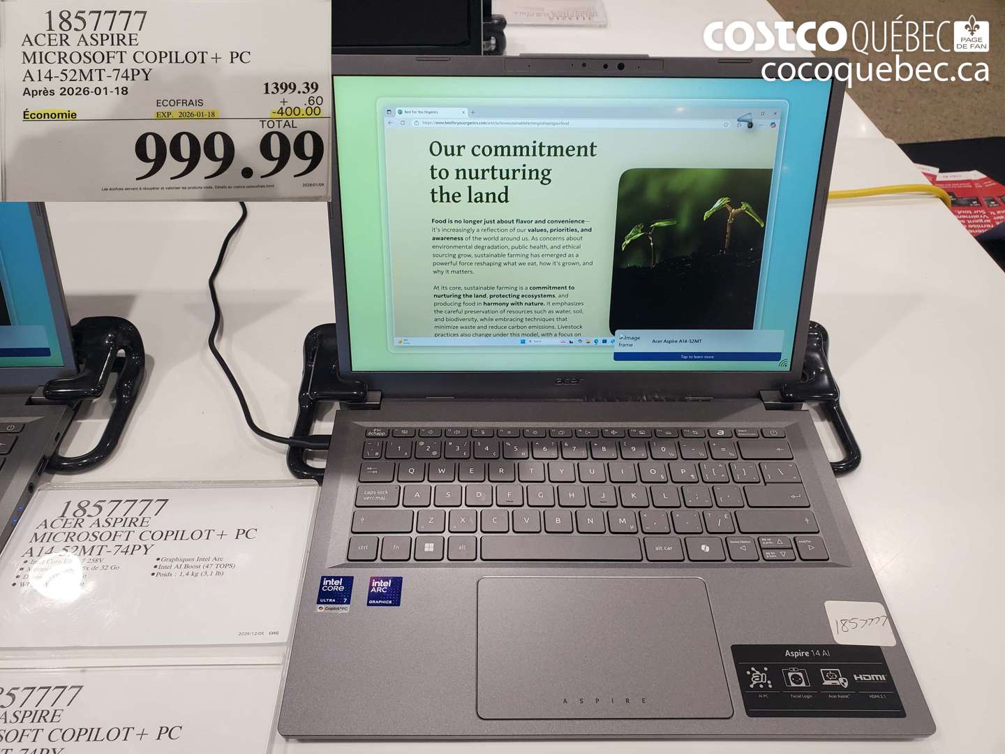 1857777 ACER ASPIRE MICROSOFT COPILOT + PC A14-52MT-74PY ($400.00 INSTANT SAVINGS EXPIRES ON 2026-01-18) $999.99